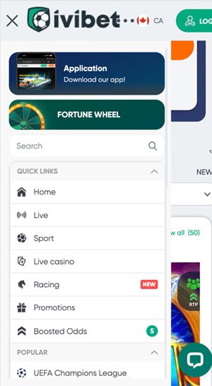ivibet left casino menu